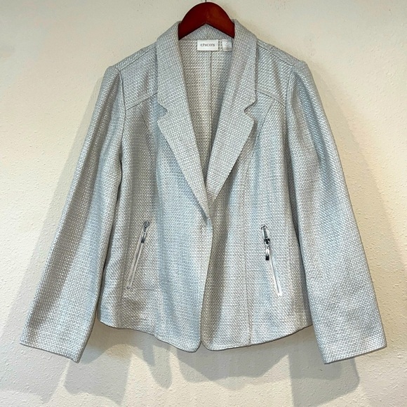Chico's Jackets & Blazers - Chicos Jacket Tweed Beige Taupe Snap Close Long Sleeve Pockets Sz 2 Large 12/14